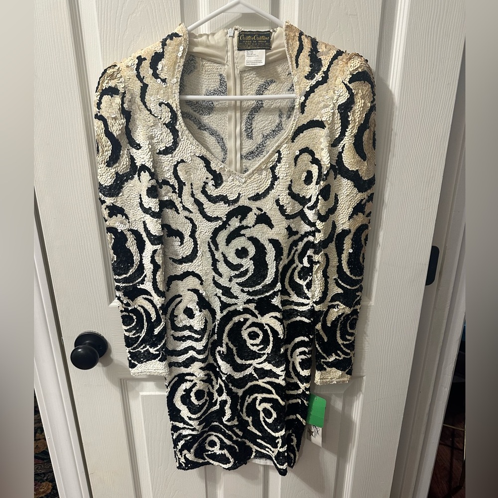 Vintage Creative Creations silk beaded black & white rose sequin dress